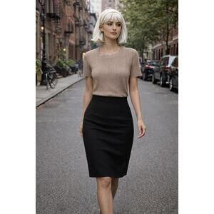 Per Transit Ribbed Knit Sweater Top Taupe Wool Blend Scalloped Neck L